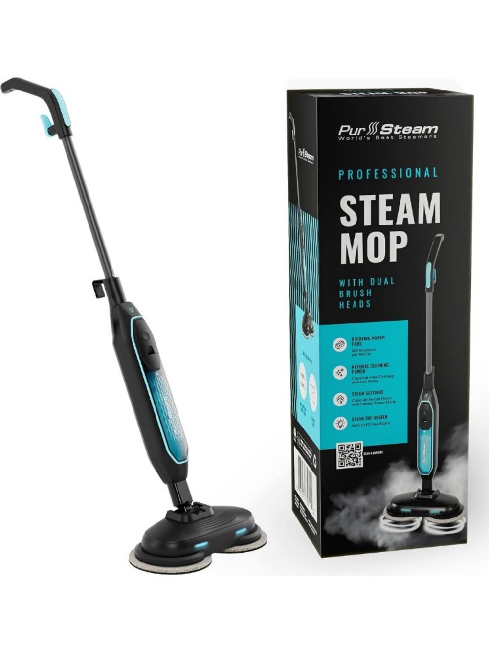 Powerful Steam Mop with Dual Scrubbing Head & LED Lights for Deep Cleaning